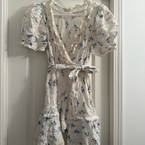 LoveShackFancy White Dress with Blue Floral Accents